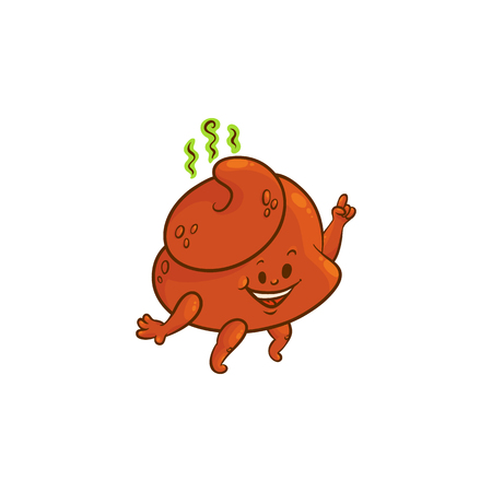 Cheerfu brown poop character with legs and arms dancing with happy facial expression. Funny smilling crap or shit excrement smiling. Vector flat isolated illustration.のイラスト素材