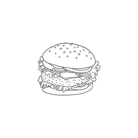 Big hamburger with beef, bun with sesame seeds and vegetables in sketch style isolated on white background - hand drawn black lines vector illustration of tasty lunch fastfood.のイラスト素材