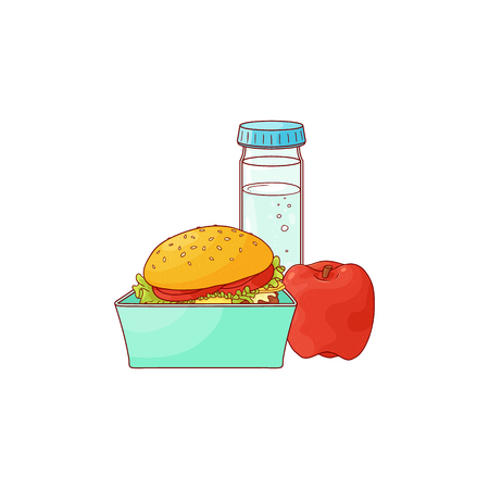 Lunch food box with hamburger, apple and bottle of water isolated on white background. Open plastic container with sandwich and fruit for break. Hand drawn vector illustration of lunchbox.のイラスト素材
