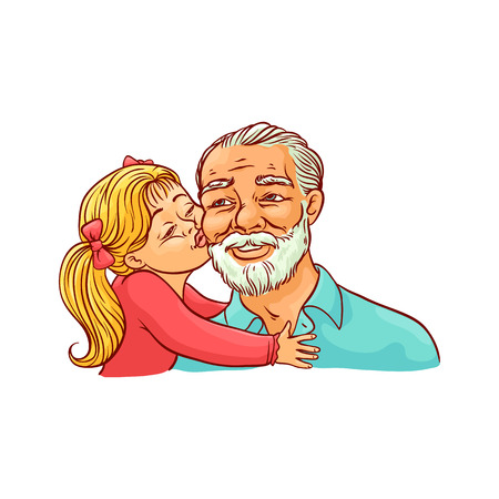 Kid girl kisses her grandfather on cheek isolated on white background. Sketch colorful vector illustration of happy grandparent and child. Loving and friendly family concept.のイラスト素材