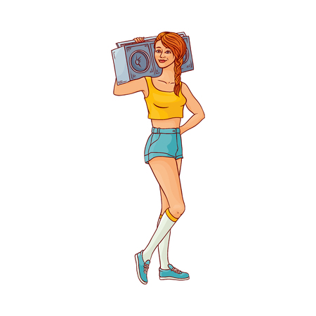Pretty young redhead woman in summer clothing shorts holding musical boombox smiling. Beautiful female character, girl with vintage radio, stereo sound system. Vector sketch illustration isolatedのイラスト素材