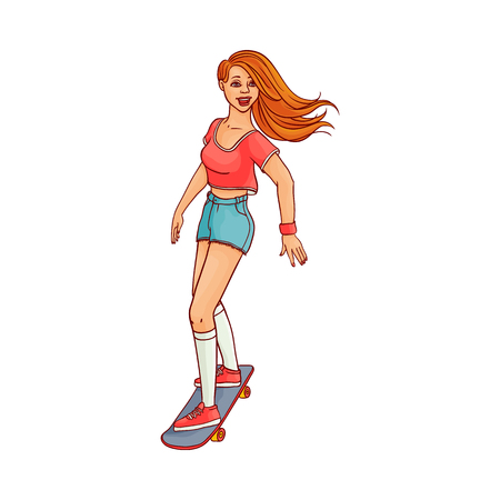 Pretty young redhead woman in denim shorts, summer clothing riding skate board smiling. Beautiful female character, girl skateboarding at vacation. Vector sketch illustration isolatedのイラスト素材