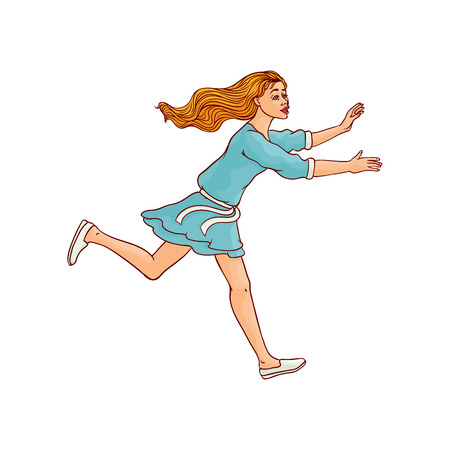 Young sportive girl in dress, running looking back. Beautiful female character, redhead woman runaway with afraid face. Isolated vector illustration in sketch styleのイラスト素材