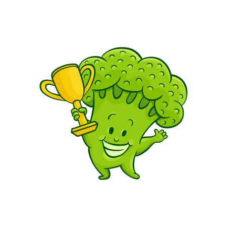 Cheerful broccoli character with winner golden cup trophy. Funny green vegetable cute healthy organic food full of vitamins. Cartoon smiling hand drawn plant with arms, legs. Vector illustrationのイラスト素材