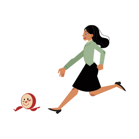Businesswoman and time management, deadline concept. Female character manager office worker in hurry, chasing for running away clock with legs. Vector illustrationのイラスト素材