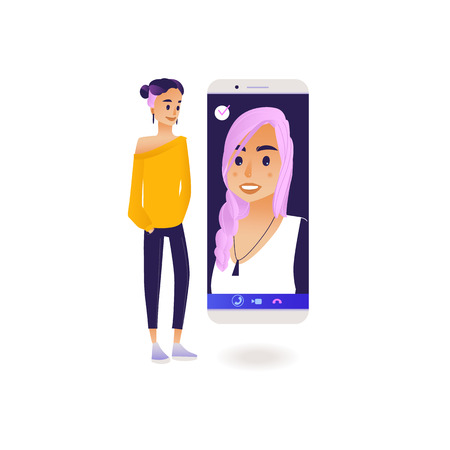 Video call chat conference concept with young woman  with another girl using big smartphone and web camera isolated on white background. Cartoon vector illustration.のイラスト素材