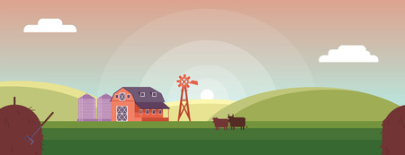 Countryside skyline with sunset or sunrise - agricultural horizontal banner or header with farm barn, windmill and cows in summertime in flat cartoon vector illustration.のイラスト素材