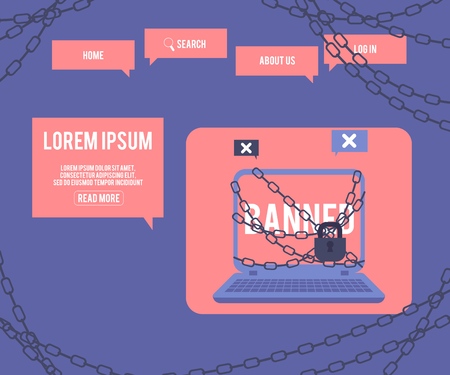 Laptop with Banned sign on red screen and chain with lock on website page template - flat vector illustration of blocked for illegal actions computer device.のイラスト素材