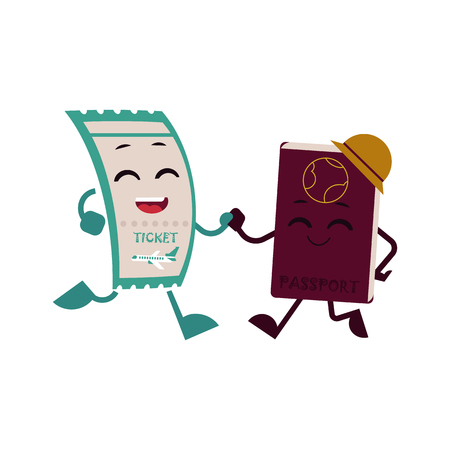 Cheerful airplane ticket and passport in hat character with arms and legs dancing holding hands. Cartoon airline boarding pass document, symbol of travelling, tourism and vacation. Vectorのイラスト素材