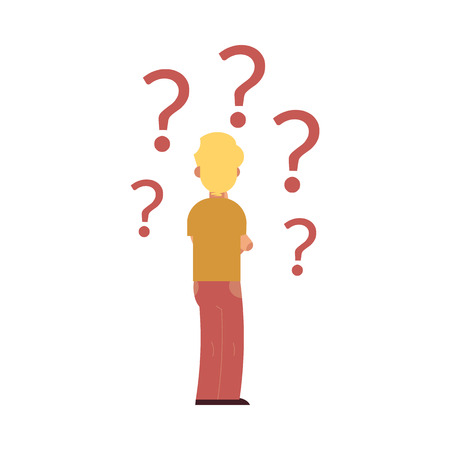 Young man in casual clothing, glasses standing back to camera with with questions flying around above head. Isolated vector illustration, white backgroundのイラスト素材