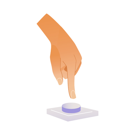 Human hand pressing button with index finger isolated on white background. Cartoon vector illustration of wrist pushing bell to call or inform someone.のイラスト素材