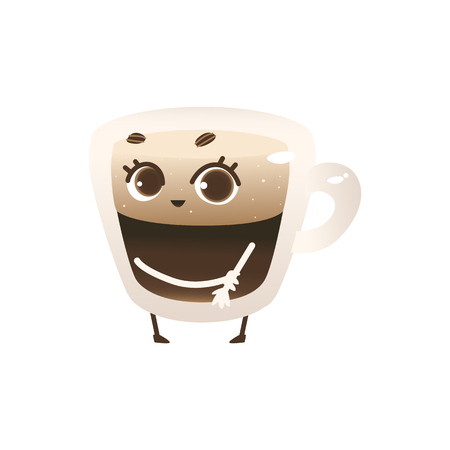 Glass cup of coffee with lush foam cartoon character standing shy isolated on white background. Cute mug of hot invigorating drink with big eyes in vector illustration.のイラスト素材