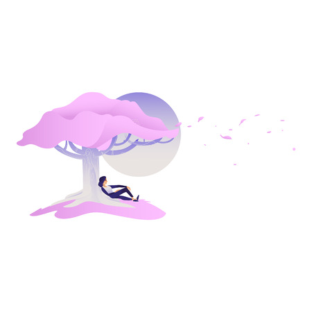 Relaxed young woman enjoying rest sitting on grass under tree with pink crown - calm beautiful girl relaxing and meditating in leisure time outdoors. Isolated cartoon vector illustration.のイラスト素材