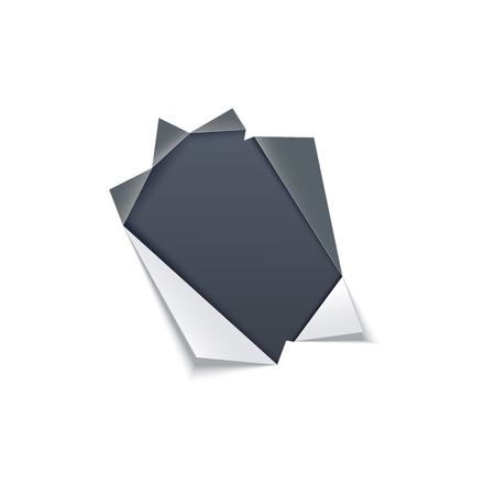 Torn hole with gray edges in middle of white paper with dark background underneath - isolated vector illustration of ragged sheet effect. Ripped page with empty space for text.のイラスト素材