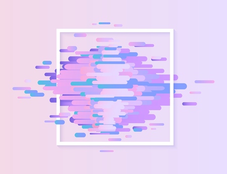 Glitched ultra violet horizontal stripes and shapes with white square frame - modern design graphic abstract element with digital signal error effect, vector illustration.のイラスト素材