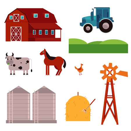 Rural design elements set. Livestock animals - cow, horse and chicken on green countryside landscape field, hay stack and ranch building house, agriculture facilities such as windmill adn water towerのイラスト素材