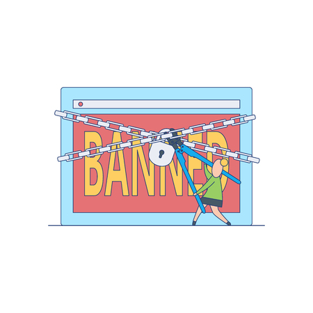 Banned website concept with flat cartoon female person trying to break chains around blocked web page in red color with sign isolated on white background, vector illustration.のイラスト素材