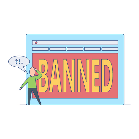 Banned website concept with flat cartoon person perplexed by blocked web page in red color with sign isolated on white background. Vector illustration of censorship on internet theme.のイラスト素材