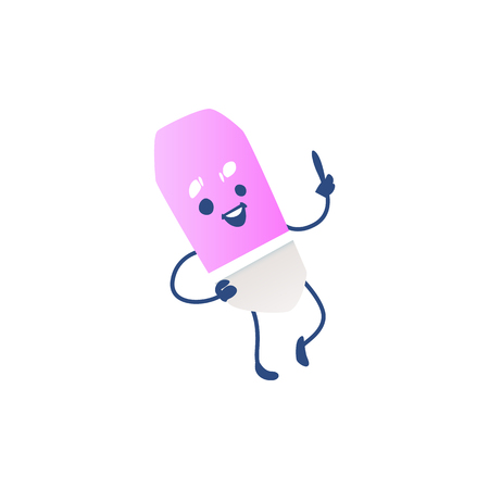 Cute eraser cartoon character lifting index finger up isolated on white background - funny chancery element personage with smiling face for back to school concept in vector illustration.のイラスト素材