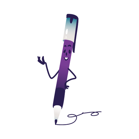 Cute ball pen cartoon character writing isolated on white background. Funny chancery tool personage of ballpen with smiling face for back to school concept in vector illustration.のイラスト素材