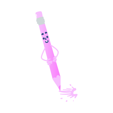 Cute colorful pencil with eraser cartoon drawing character isolated on white background - funny chancery element personage with smiling face for back to school concept in vector illustration.のイラスト素材