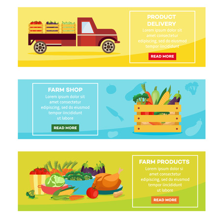 Farm products delivery posters, banners set. Farmer truck vehicle with vegetables transporting goods, wooden box with food and served saucers with prepared home meals. Vector illustrationのイラスト素材