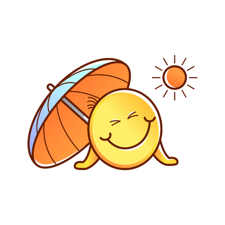 Cute male smiley face or emoticon in sketch style enjoys sun tan with sun umbrella. Funny emoji on vacation. Summer holiday vector illustrationのイラスト素材