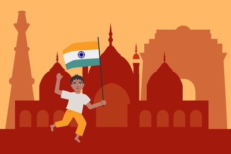 Indian child boy holding and waving national tricolor flag happily runs against India sights...