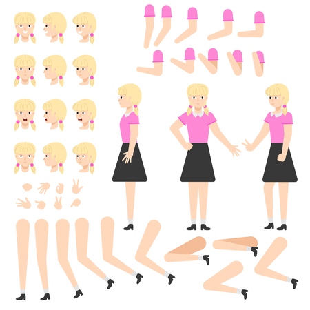 Teen girl creation set - young female student cartoon character with blonde hair. Various body parts, face emotions and hand gestures kit. Flat isolated vector illustration.のイラスト素材