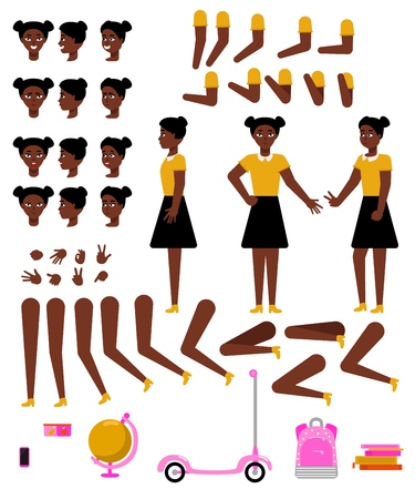 Student girl creation kit with school supplies and various body parts, face emotions and hand gestures - isolated flat vector illustration of teen african female character of school age.のイラスト素材