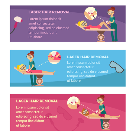 Laser hair removal in cosmetological clinic or salon horizontal banners set with beautician or cosmetologist doing epilation with professional apparatus - flat cartoon vector illustration.のイラスト素材