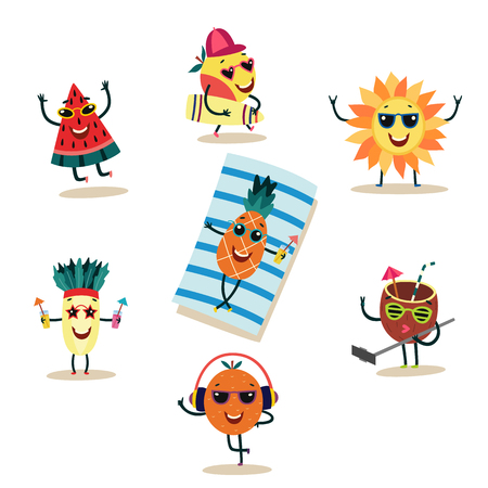 Fruit characters at summer party set. Vector watermelon slice dancing, orange in headphones, apple surfing, broccoli juice glasses coconut making selfie pineapple drink cocktail, sun showing rock signのイラスト素材