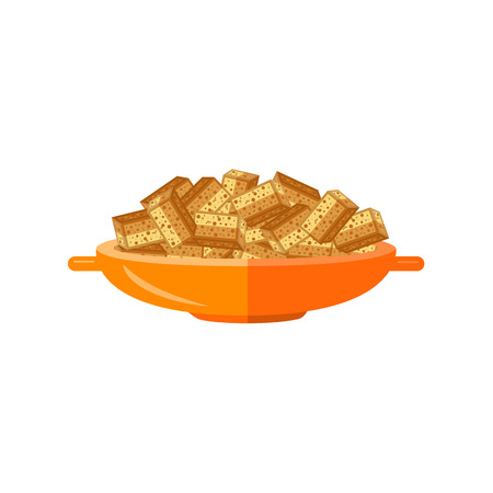 Flat bread crispy dried rusks served in orange ceramic pot. Beer snacks, unhealthy crunchy crispy fat food. Junk fried slices in plate. Vector isolated background illustration.のイラスト素材