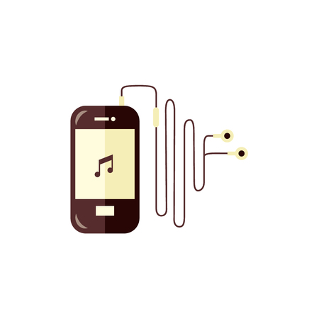 Smartphone with music player app turned on and headphones isolated on white background. Digital mobile gadget with stereo earphones - flat vector illustration of modern electronic device.のイラスト素材