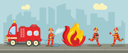 Fireman in fire protection uniform extinguishing fire concept. Male characters running with fire axe, holding water hydrant standing near emergency vehicle. Vector illustrationのイラスト素材