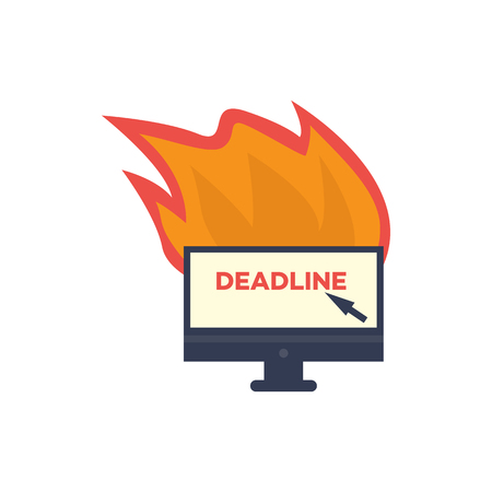 Burning office computer monitor with deadline inscription. Desktop screen on fire, time management, overwork concept. Vector flat illustration isolated icon,のイラスト素材