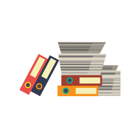 Office documents, papers and folders stacked in messy pile. Overwork, deadline and time management business concept objects. Vector flat icon illustration isolatedのイラスト素材
