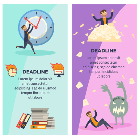 Deadline and time management banners set with overworked and littered with paper documents businessman trying to stop time and afraid of deadline. Flat cartoon vertical posters, vector illustration.のイラスト素材
