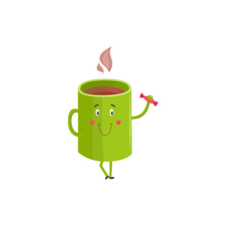 Hot coffee or tea cup cartoon character standing and raising candy in hand up isolated on white background. Cute bowl with hot drink, steam and kawaii face, vector illustration.のイラスト素材
