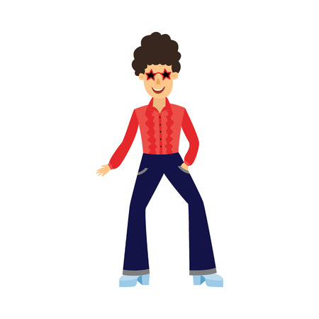 Retro disco male dancer with curly hair in 70s style with pants pincers and stars sunglasses isolated on white background. Funny flat cartoon man at party or night club, vector illustration.のイラスト素材