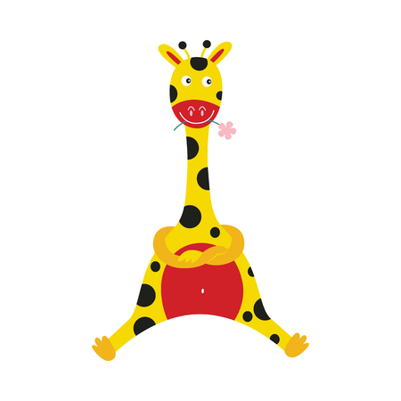 Giraffe cartoon character sitting with crossed arms and holding flower in mouth isolated on white background. Cute comic yellow african animal with spots, vector illustration.のイラスト素材