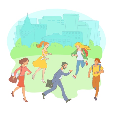 Late business people, students men, women hurrying up in circle looking at watches poster template, its time inscription. Adult worker going to meeting, work cityscape buildings background vectorのイラスト素材