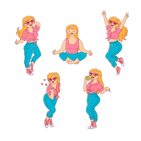 plump obese girl having fun set. Sketch style cute female characters in jeans, pink skirt doing yoga, dancing blow air kiss, eat apple. Vector adult blonde overweight women collectionのイラスト素材