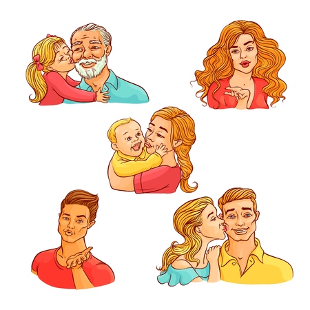 Happy family hugs set. Smiling male, female characters hugging and kissing each other, man and woman sending air kiss. Mother kissing baby kid, daughter expresses love to old grandfather sketch vectorのイラスト素材