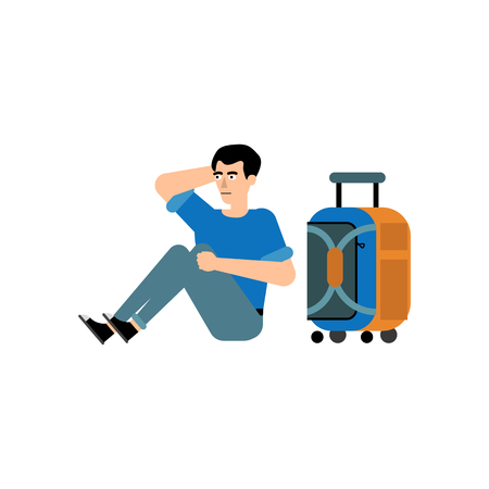 Male traveler character sitting and waiting for flight near his carry-on luggage isolated on white background. Flat cartoon vector illustration of tourist with suitcase.のイラスト素材