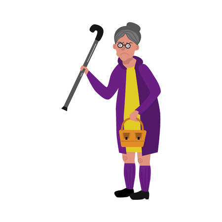 Old woman walking with cane, wicker basket in glasses, rubber boots and coat with angry dissatisfied face emotion. Elderly senior female characterm grandmother unhappy face. Vector flat illustrationのイラスト素材