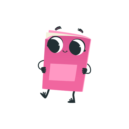 Cute pink book or notebook cartoon character dancing isolated on white background - funny educational element personage with smiling face for back to school concept in vector illustration.のイラスト素材