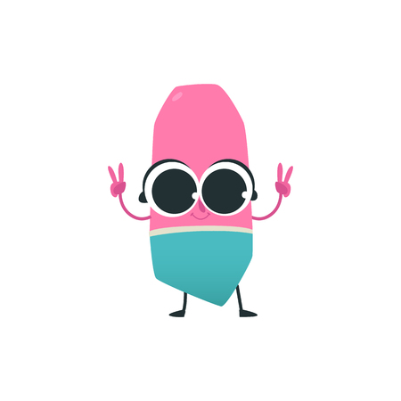 Cute eraser cartoon character with peace hand gesture isolated on white background - funny chancery element personage with smiling face for back to school concept in vector illustration.のイラスト素材
