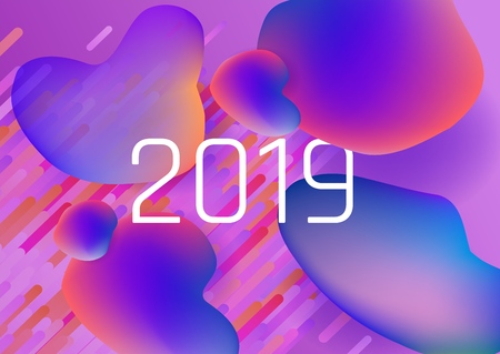 2019 trendy background template with vibrant gradient purple blue purple colors and abstract round shapes flow. Vector modern poster, banner, presentation layout with space text in square frame.のイラスト素材