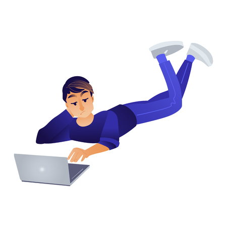 Cartoon social communication concept with young man male characte lying at floor behind laptop taping, chatting, sending messages. Vector illustrationのイラスト素材